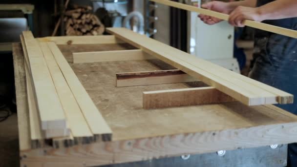 Carpenter Workshop Man Works Wood Materials Carpenter Working Wood Craft — Stock Video