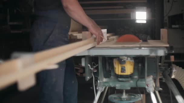 Плотник Мастерской Человек Работает Деревянными Материалами Плотник Работающий Мастерской Производству — стоковое видео