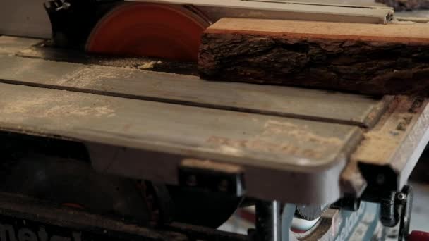 车间里的木匠人是用木料工作的 木匠在车间加工木制品以生产建筑材料或木制家具 那位年轻的木匠用专业的工具 — 图库视频影像