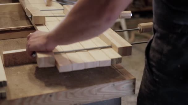 Carpintero Taller Hombre Trabaja Con Materiales Madera Carpintero Trabajando Artesanía — Vídeos de Stock