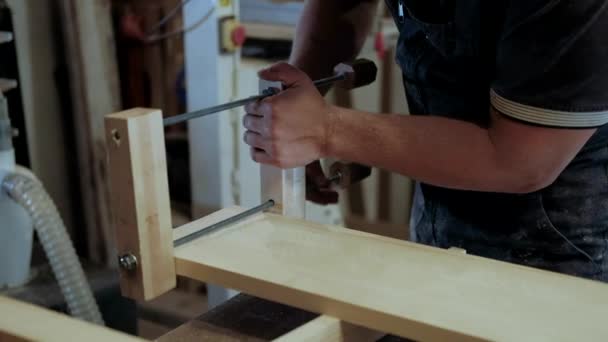 Carpintero Taller Hombre Trabaja Con Materiales Madera Carpintero Trabajando Artesanía — Vídeos de Stock