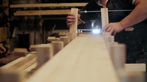 Carpenter Workshop Man Works Wood Materials Carpenter Working Wood Craft — Stock Video