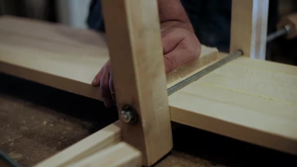 Carpintero Taller Hombre Trabaja Con Materiales Madera Carpintero Trabajando Artesanía — Vídeos de Stock
