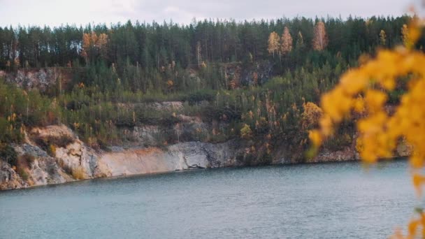 Autumn Aerial Landscape Tops Rocky Hills Mountains Rays Red Sunset — Stock Video