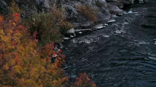 Autumn Aerial Landscape Tops Rocky Hills Mountains Rays Red Sunset — Stock Video