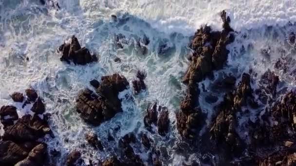 Large Powerful Waves Cover Rocky Coast Atlantic Ocean View Drone — стокове відео