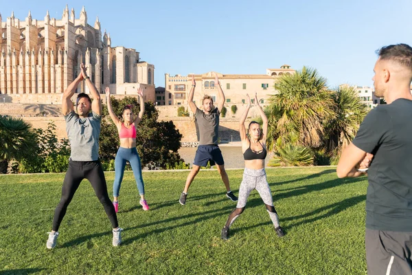 Группа Молодых Людей Практикующих Прыжки Джек Упражнения Фитнес Сессии Поручил Лицензионные Стоковые Фото