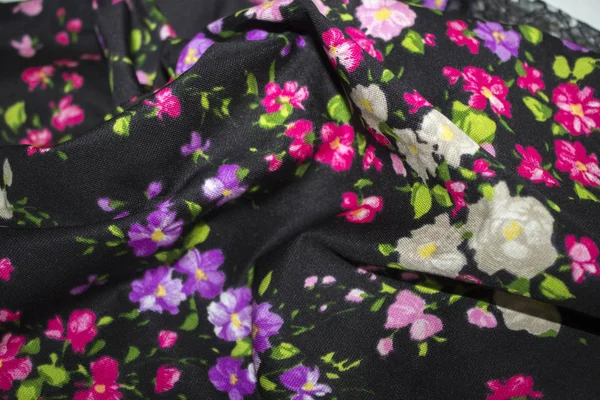 Fekete Szövet Virágmintás Háttér Textúra — Stock Fotó