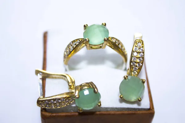 Smycken Guld Ställa Ring Örhängen — Stockfoto