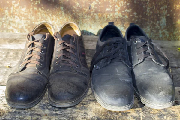 Closeup Old Leather Pair Shoes Wood Table — Stock Photo, Image