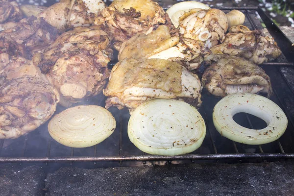 Barbegue Grillning Kyckling Och Lök Dimman — Stockfoto