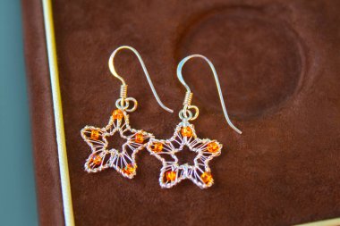 Gümüş mücevher küpeleri hediye kutusunda. 