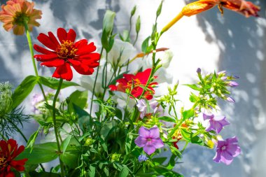 Bir demet leylak, beyaz, pembe ve mor östoma çiçekleri ve kırmızı zinya çiçekleri.