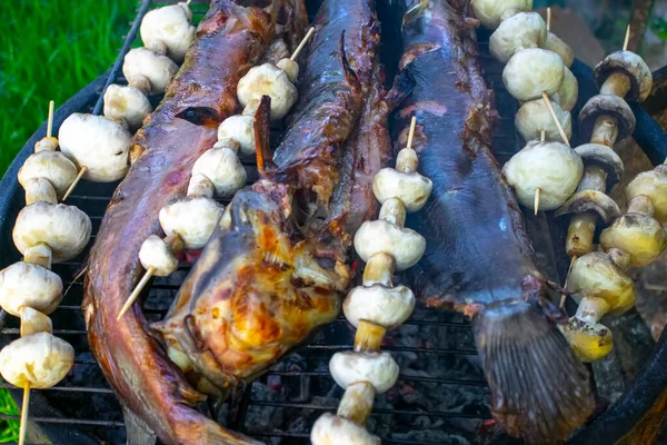 Cooking fish with onions, mushrooms on the grill. Cooking on charcoal. Food on the nature. Lunch at the campsite. Picnic.