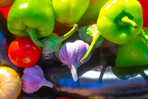 Latar Belakang Sayuran Tomat Bawang Putih Lada Bawang Merah Dan — Stok Foto