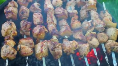 Izgarada domuz eti, kömürden duman, seçici odak, şiş kebap eti.