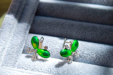 Gümüş mücevher küpeleri hediye kutusunda.