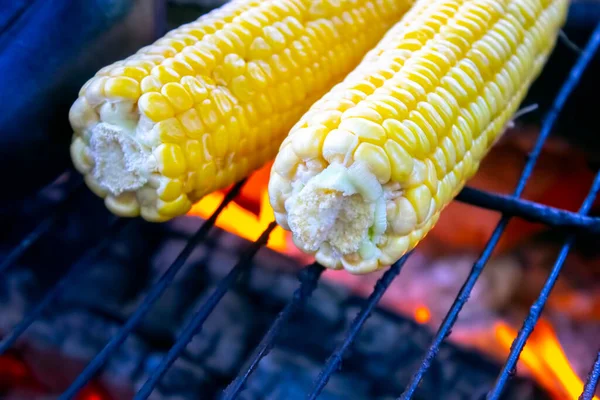 Zralý Zlatý Kukuřičný Klacek Grilu Kouřem Plamenem Popelovém Pozadí Vegetariánské — Stock fotografie