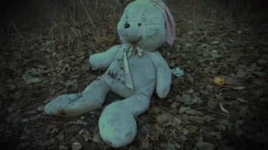 Ormanda sonbahar yapraklarıyla kaplı terk edilmiş oyuncak tavşancık. (konsept: depresyon, yalnızlık)