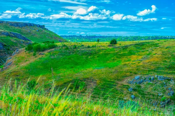 Groene Heuvels Weiden Met Boshorizon Tegen Bewolkte Blauwe Lucht Aard — Stockfoto