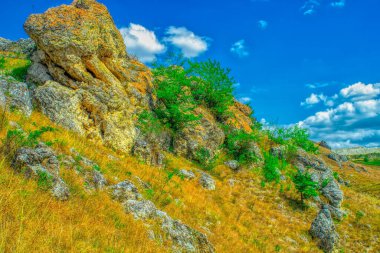 Yeşil tepeler, orman ufku olan çayırlar bulutlu mavi gökyüzüne karşı. Moldova 'nın Doğası