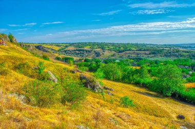 Yeşil tepeler, orman ufku olan çayırlar bulutlu mavi gökyüzüne karşı. Moldova 'nın Doğası