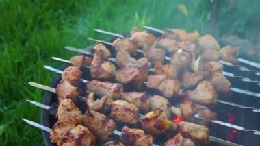 Izgarada domuz eti, kömürden duman, seçici odak, şiş kebap eti.