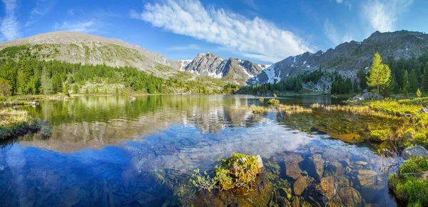 Berglandschaft Malerischer Bergsee Sommermorgen Großes Panorama Altai — Stockfoto