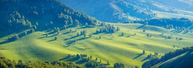 Green meadows and mountain slopes, evening light. Natural spring background.	