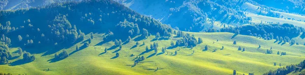 Festői Völgy Panorámás Kilátás Hegyekre Kék Köd Erdők Rétek Tavaszi — Stock Fotó