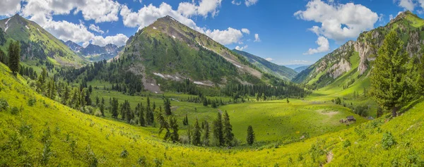Panoramic mountain view, picturesque valley. Summer greens, blue sky with white clouds. Travel and vacation in the mountains.	