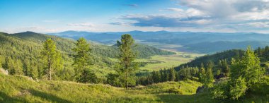 Resimli vadi, panoramik dağ manzarası. Ormanların ve çayırların yaz yeşillikleri.