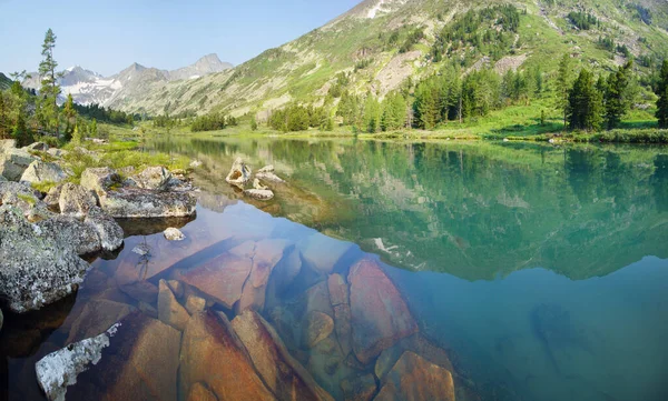 Lac Montagne Incroyable Reflet Des Sommets Dans Eau Matin Calme — Photo