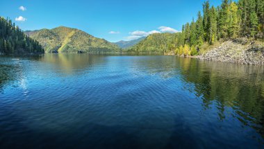 Yenisei Nehri 'nin güzel yansıması, sonbahar manzarası. Sayano-Shushenski Doğa Biyosfer Rezervi. Sibirya 'da vahşi bir yer, Krasnoyarsk bölgesi..
