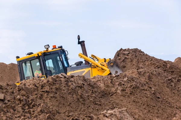 Grondwerken Bouw Zware Dozer Operationele Machine Duwen Zand Close Foto — Stockfoto