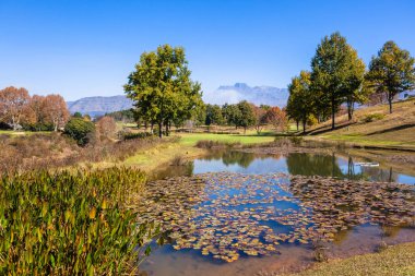 Ağaçlar golf sahası Peyzaj Sonbahar sonbahar renkleri ön Drakensberg Castle dağ vadisinde bir doğal seyahat spor tatil beldesi su..