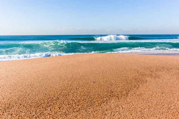 Beach Shoreline Sand Textures Blue Ocean Waves Closeup Scenic Nature — Stock Photo, Image