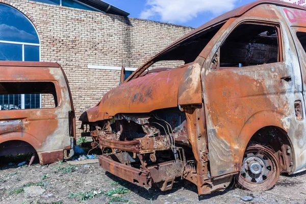 Véhicules Détruits Par Feu Bord Route Des Guerres Taxi Grèves — Photo