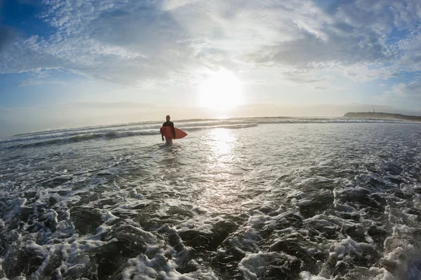 冲浪者去冲浪后剪影照片海滩海洋进入晨波 — 图库照片