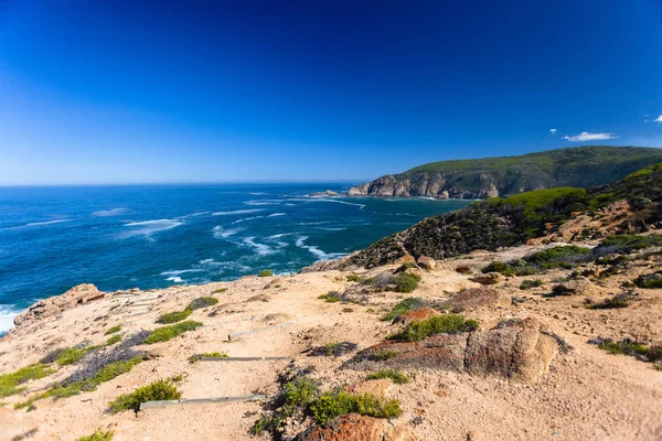 Walking Hiking Footpath Cliffs Path Blue Ocean Horizon — Stock Photo, Image