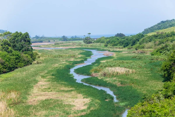 River Waters Winding Twisting Tropical Vegetation Lagoon Distant Ocean Coastline — Stock Photo, Image