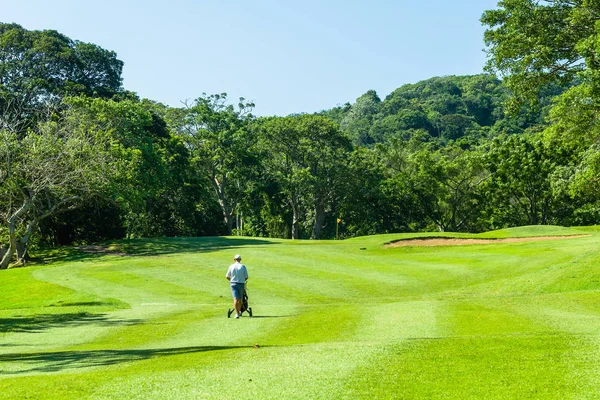 Pole Golfowe Gracz Chodzenia Dogleg Toru Wodnego Flagstick Zielone Lato — Zdjęcie stockowe