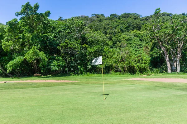 Campo Golf Verde Palo Bandera Agujero Fairway Árboles Escénica Reserva —  Fotos de Stock