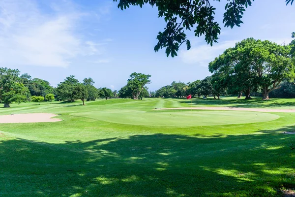 Campo Golf Verde Palo Bandera Agujero Fairway Árboles Escénica Reserva — Foto de Stock