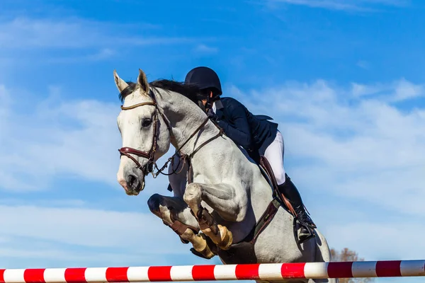 Reiter springen Stange Nahaufnahme Aktion — Stockfoto