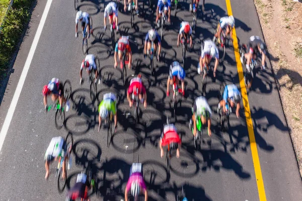 Cyclists Cycling Road Race Speed Blur Overhead — Stock Photo, Image