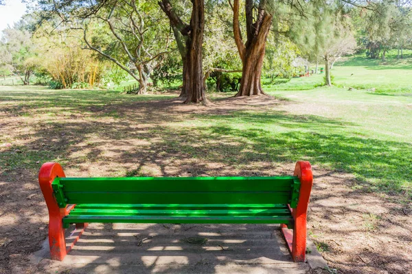 Grön röd Bench stol Park Träd vatten Landskap — Stockfoto