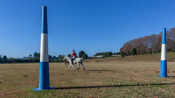 Polo Fahrer Spieler Auf Feld Nahaufnahme Ziele Blauer Himmel Ein — Stockfoto