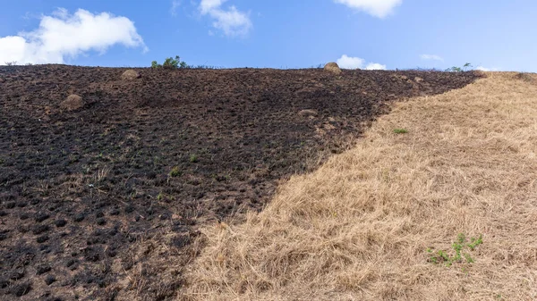 火の半分が燃焼し 半分が乾燥した草が青い空の雲と対照的に草盛土の丘を焼きました抽象的なパノラマ風景 — ストック写真