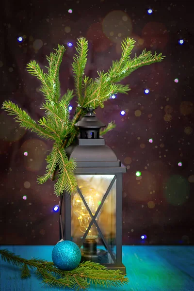 New Year Ancient Lantern Fir Branches Next Christmas Tree Toy Stock Image